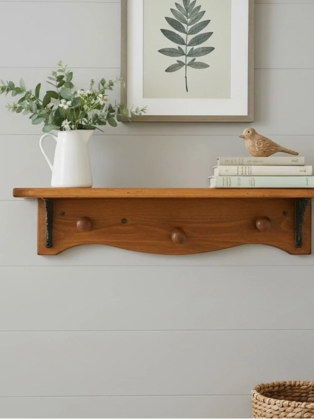Vtg Wooden Wall Shelf w/ Knobs and Floral Metal Brackets 22” Country Cottage